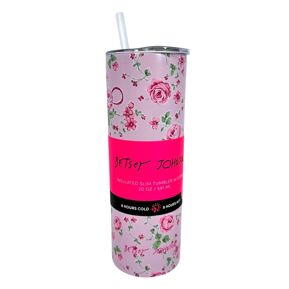 Betsey Johnson Slim Tumbler Women 20oz Pink Floral New Insulated Straw Cup